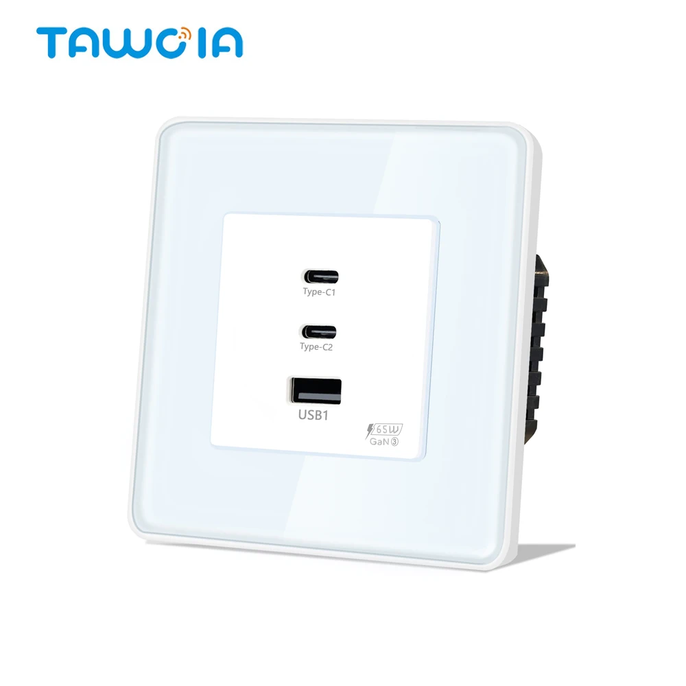 TAWOIA EU 2.5D Glass Frame Wall Power Socket With Dual Type-C USB 65W Fast Ports For Phone Laptop Charging