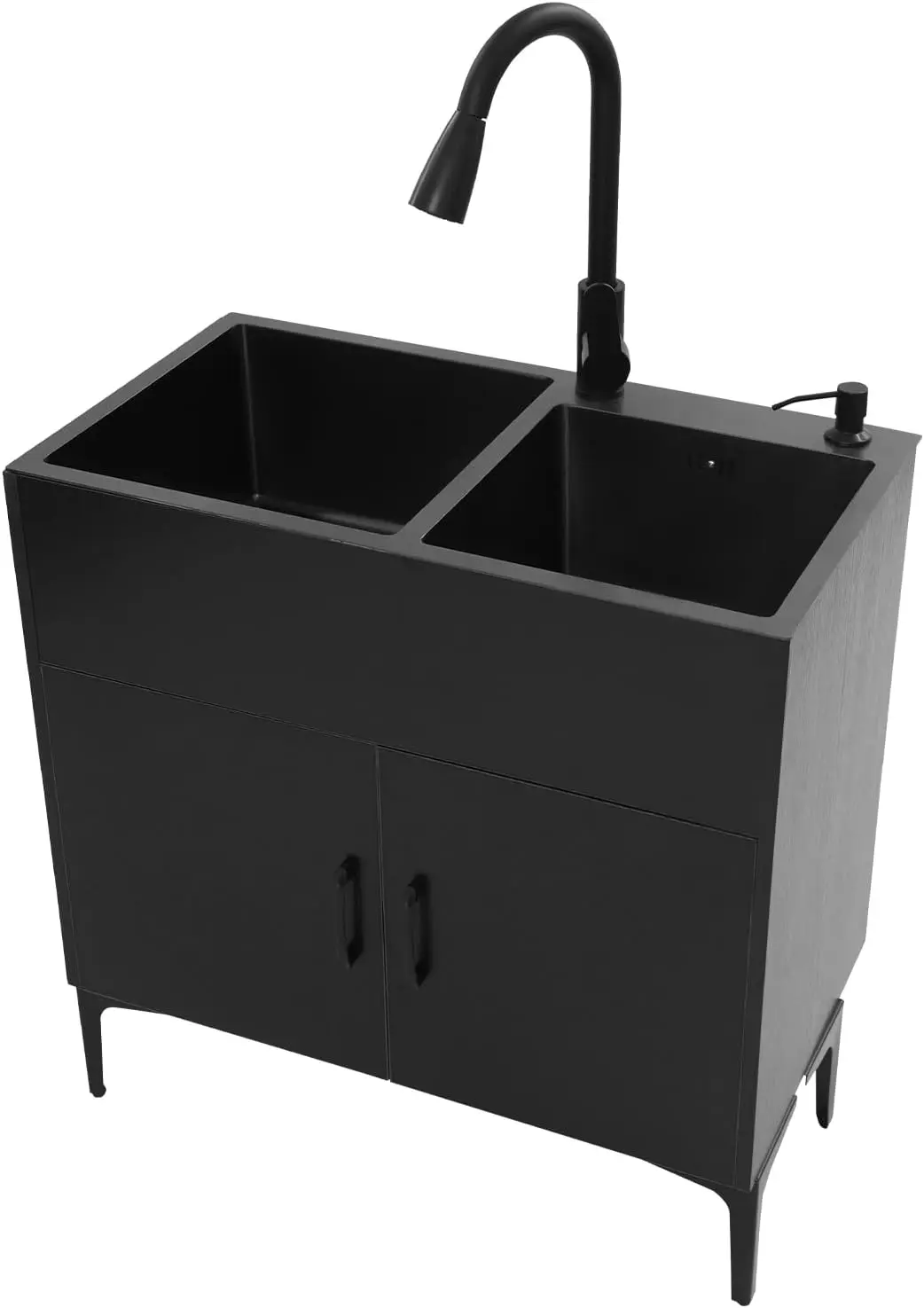 

Laundry Sink w/Cabinet &Pull-Out Faucet, Kitchen Sink Cabinet w/Draining Basket, Stainless Steel Double Bowl Utility Sinks, Wash
