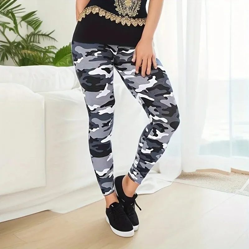 Camouflage Print White Gray Women Blazer Leggings High Elastic Slim fit Tight Cropped Pants