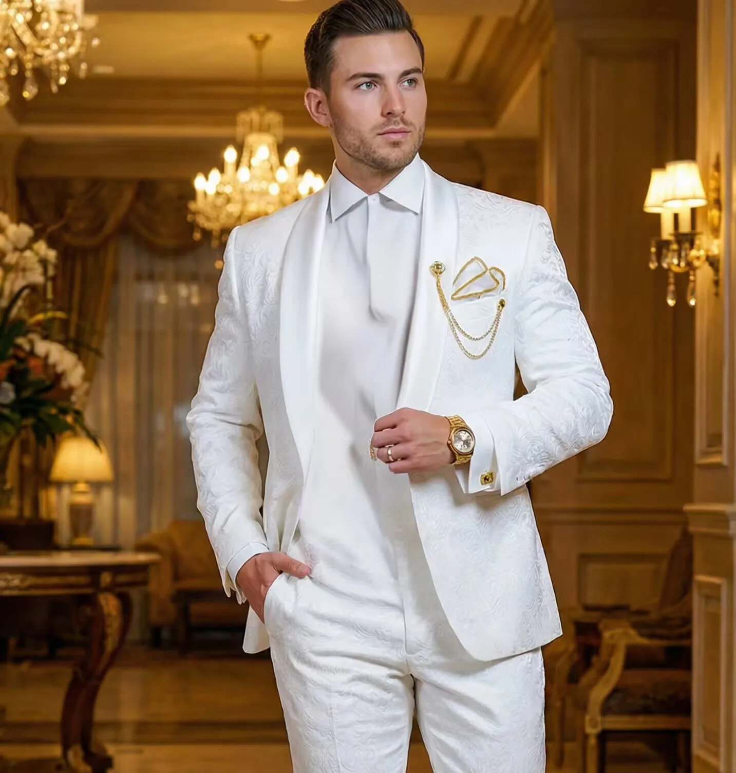 

Groomsmen White Pattern Groom Tuxedos Shawl Satin Lapel Men Suits 2 Pieces Wedding Bridegroom
