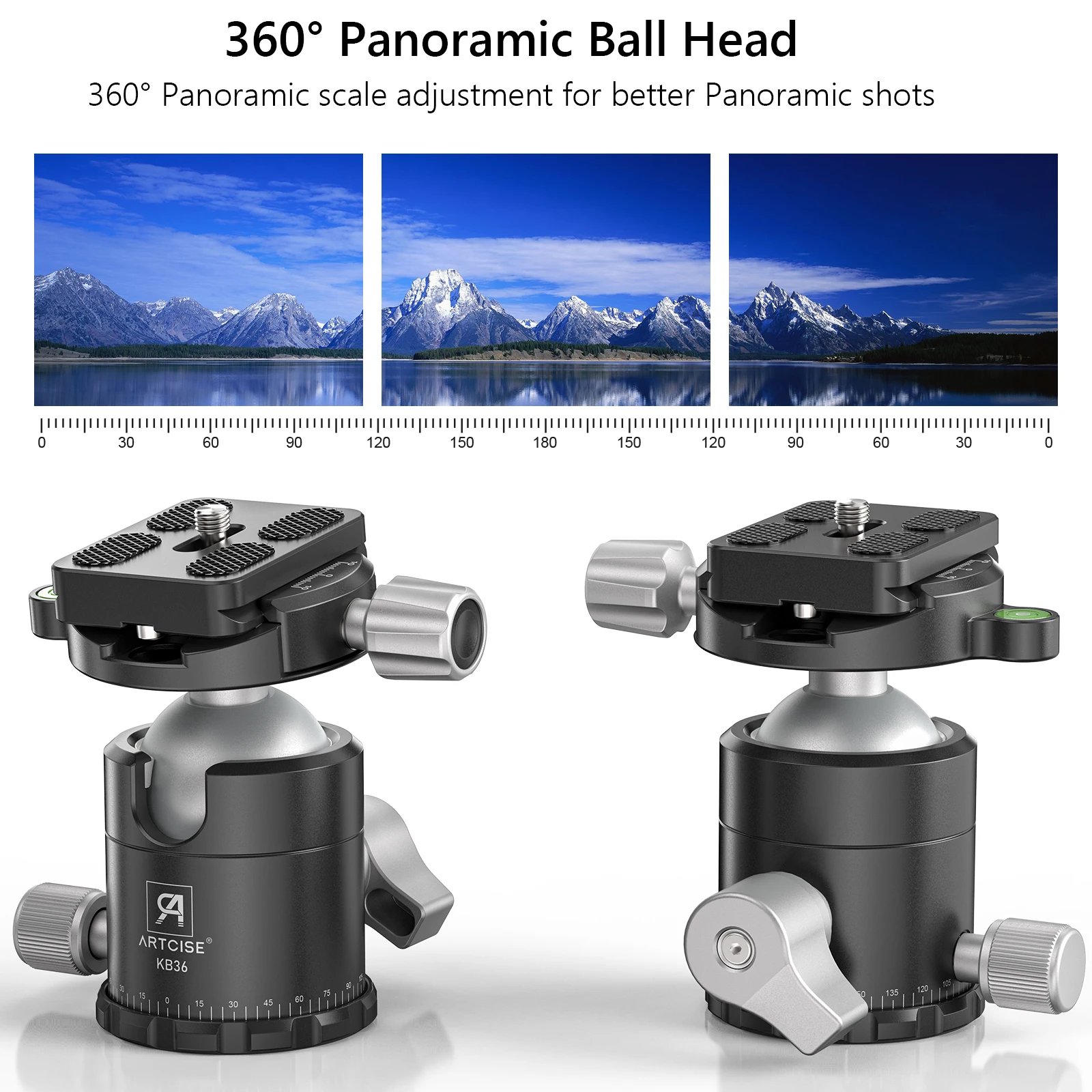 Artcise-Cabezal de bola KB36, trípode profesional de aleación de aluminio CNC completo, 360 ° panorámico, carga máxima de 20kg, para trípode, monopié, cámara