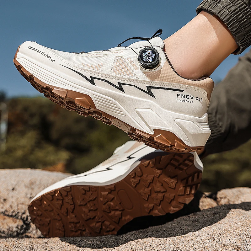 Techwear Men Trekking Sneakers Breathable Mesh Anti Slip Thick Sole Rotating Buckle Outdoor Mountain Shoes
