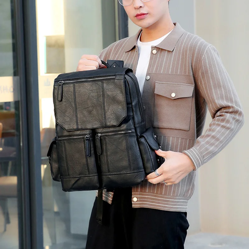 حقيبة ظهر رجالية راقية من جلد البولي يوريثان حقيبة ظهر ريترو ذات سعة كبيرة حقيبة سفر خارجية 2026 حقيبة كمبيوتر محمول للأعمال