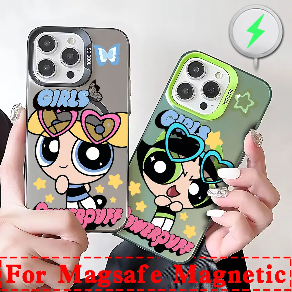 Cute The P-Powerpuffs Girls Magsafe Magnetic Phone Case for IPhone 11 12 13 14 15 16 Pro Max Plus Creative Silver Plated Cover