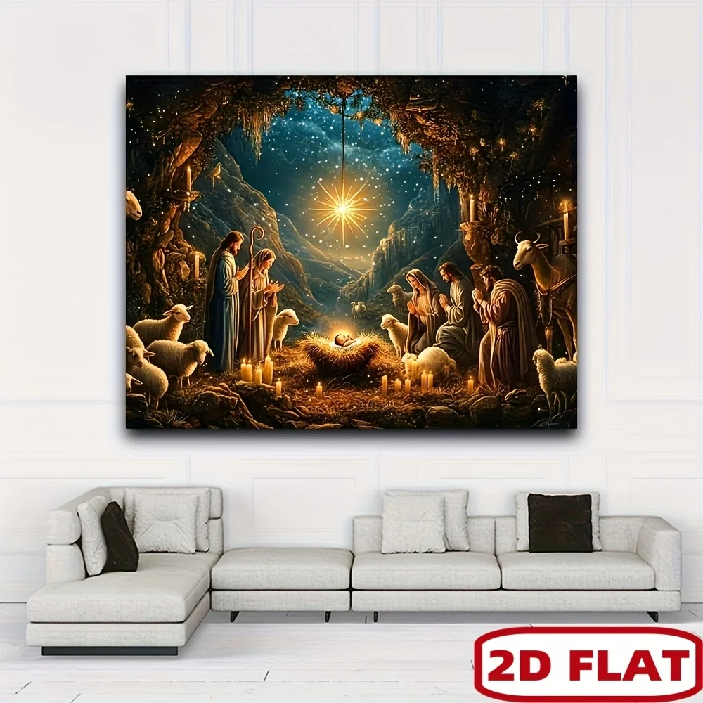 2D Flat, nativity scene christmas tapestry jesus birth manger shepherds wise men starry night view 4