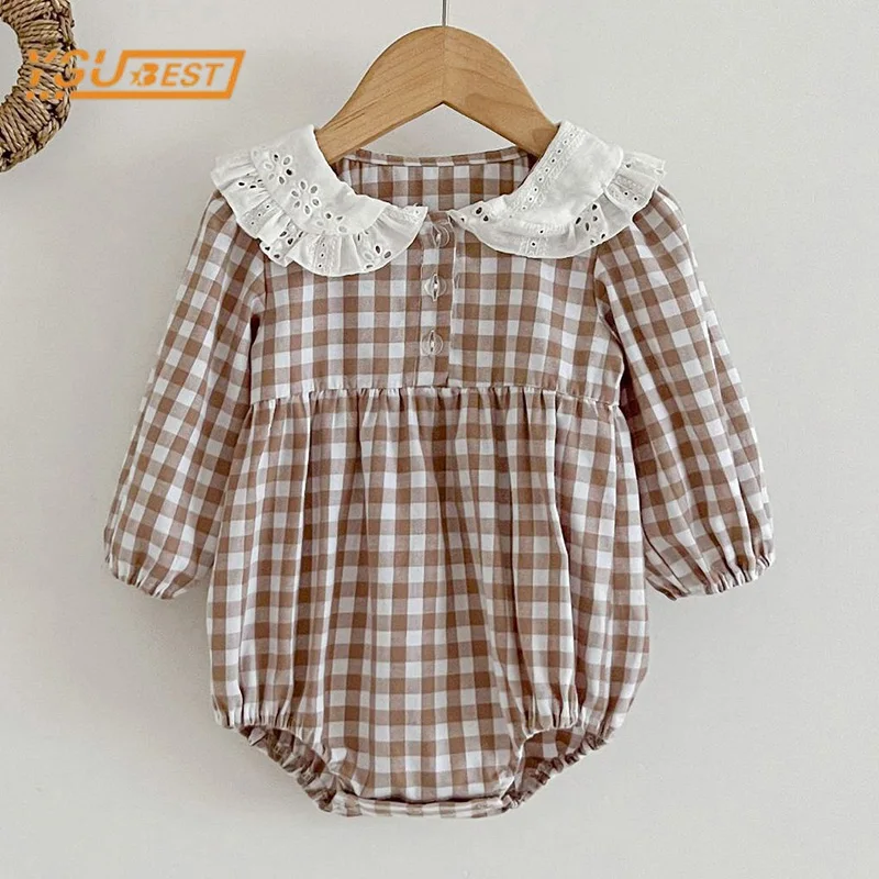 Newborn Kids Baby Girls Long Sleeve Sweet Grid Princess Rompers New Autumn Infant Kids Baby Girls Rompers Clothes