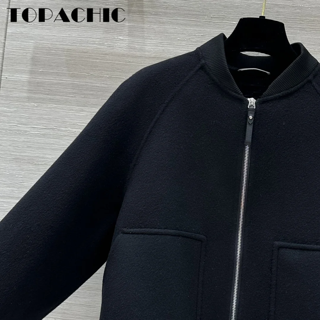 8.26 TOPACHIC-Women Hand Double-Sided Cashmere Flying Jacket Temperament Ribbed Collar Raglan Sleeve Loose Short Zipper Coat