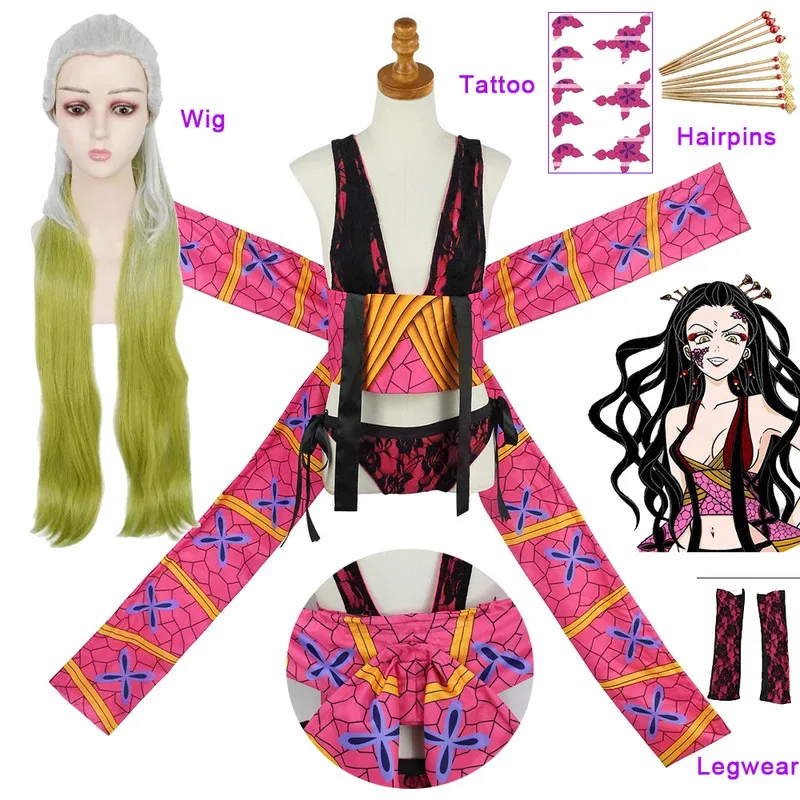 Seaon 2 Daki Costume Perni Per Capelli Parrucca Del Tatuaggio Anime Cosplay Upper Moon 6 Abito Kimono Sexy Vestito Da Partito Delle Donne sk;m1