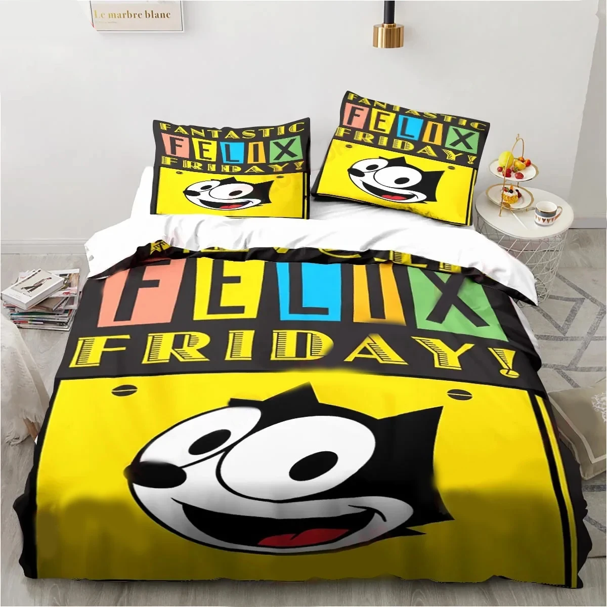 Cute F-Felix Cat Cartoon Bedding Set,Duvet Cover Comforter Bed Set Quilt Cover Pillowcase,King Queen Twin Size Boys Girls Adults view 5