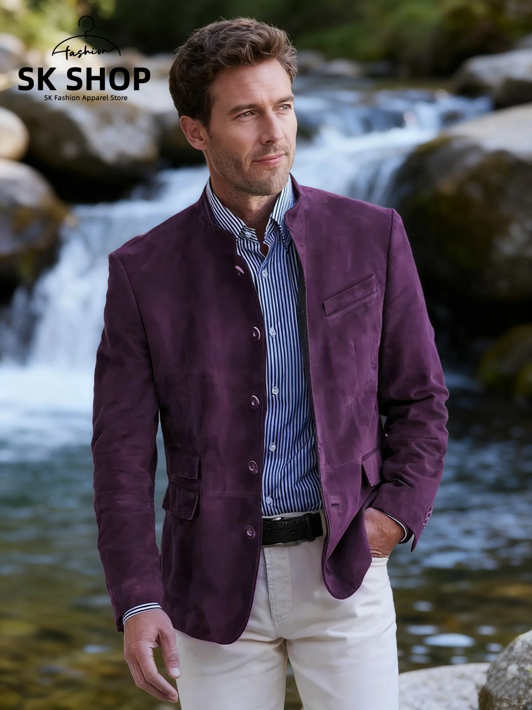 

Men's Casual Suede Suit Jaet Stand Fit Busin Casual Long Sve Single Button Pure Color Autumn Wedding Wear