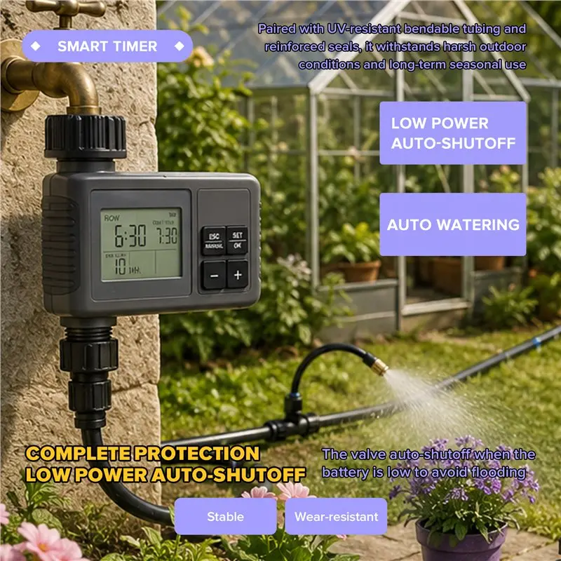 A84E-Smart Water Timer 60Ft Drip Irrigation System, Solid Brass Connectors, 360° Adjustable Nozzles, Bendable Tubing