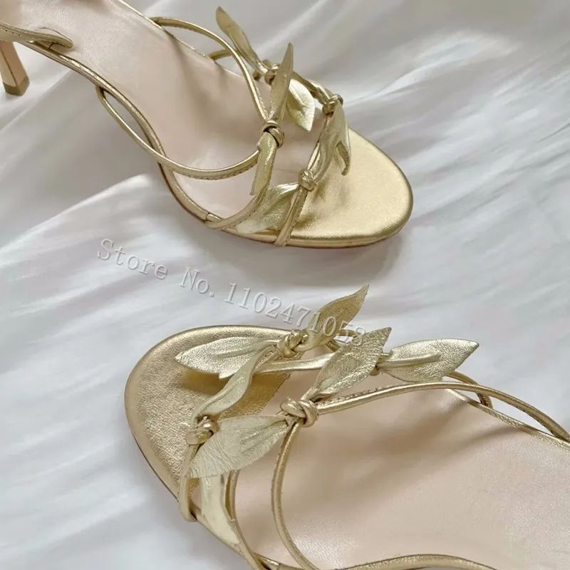 Roman Narrow Band Golden Petals Decor Sandals for women Peep Toe Thin Heel Ankle Strap Sandals Ladies Leather Hight Heels Shoes