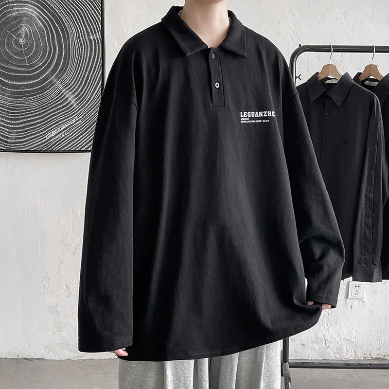 

Harajuku Letter Graphic Men T-shirts Long Sleeve Casual Oversized Polo Shirts Black Male Korean Pullovers Clothing Tops Casual