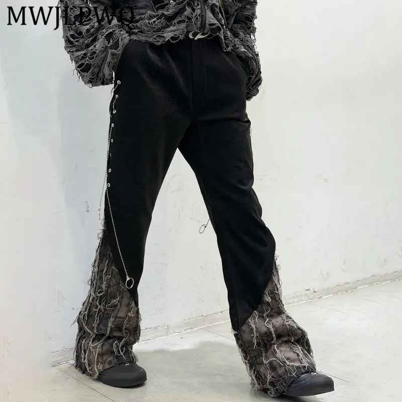 MWJLPWQ Hiphop Style Mixed-Material Leather Flared Pants For Men Rough Edge Spliced Metal Decorate Design Draping Trousers 16298