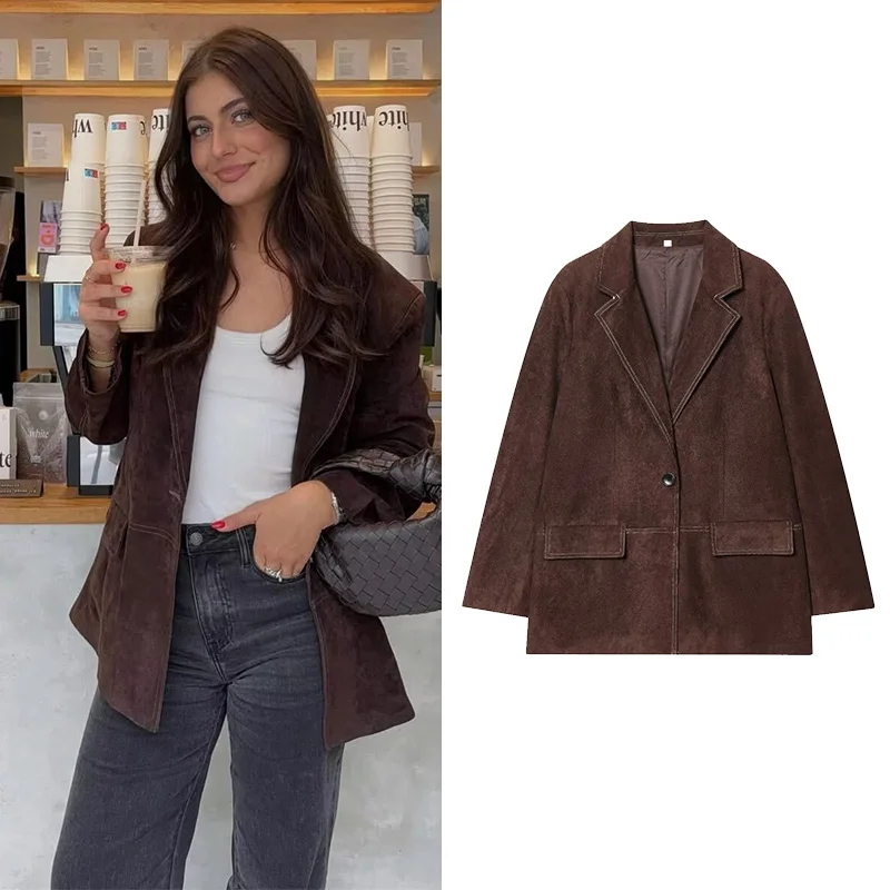 

Women Leather Straight Blazer with Shoulder Pads Autumn Long Sleeve Women's Casual Jacket Chic Female Coats