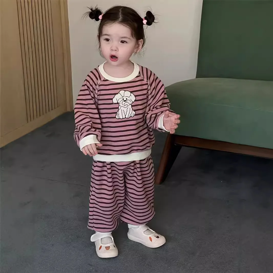 2024 Autumn New Baby Long Sleeve Striped Set Infant Girls Cartoon Sweatshirt + Loose Pants 2pcs Suit Kids Toddler Casual Outfits