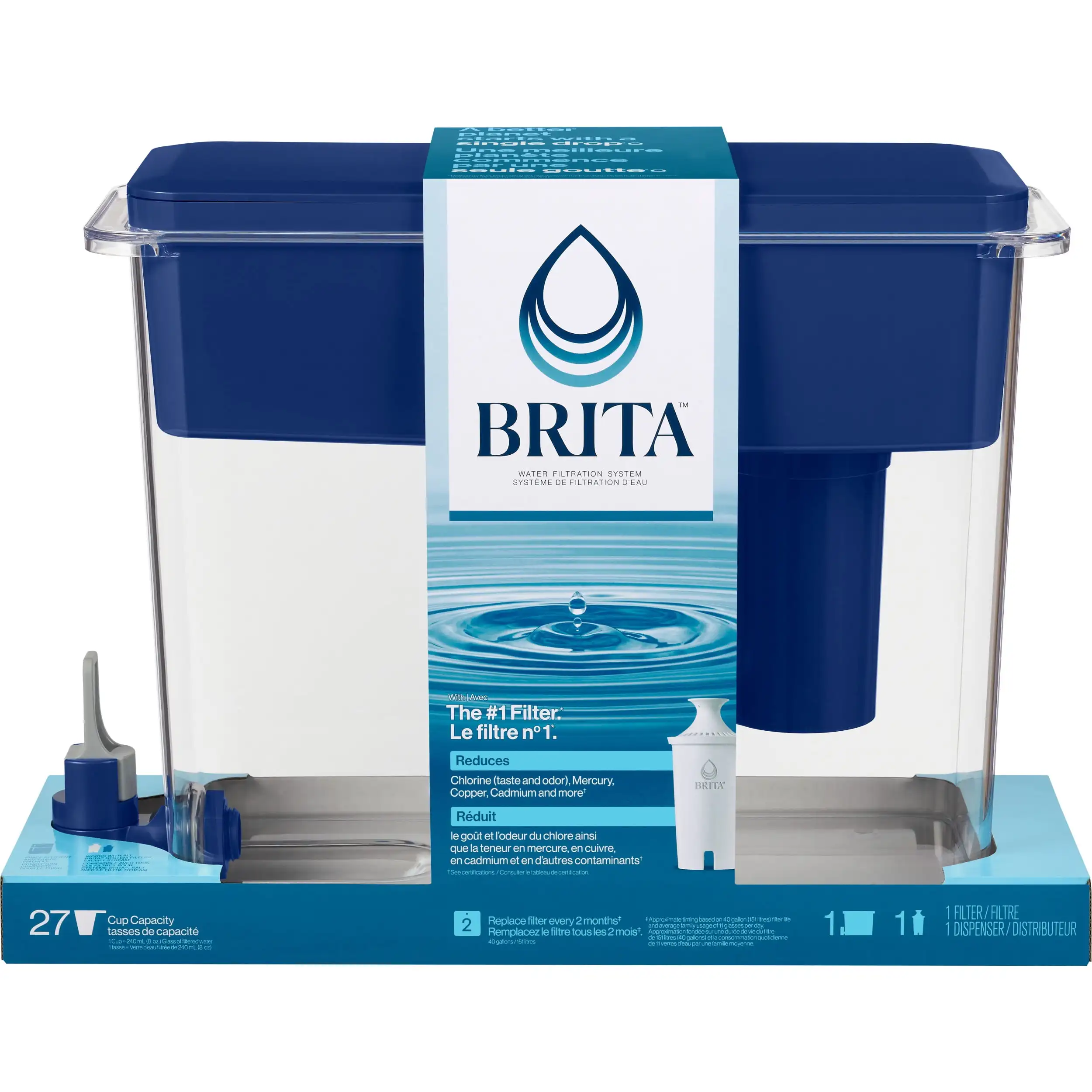 Brita Extra Large Ultramax 27 Cup Blue Filtered Water Dispenser with 1 Standard Filter