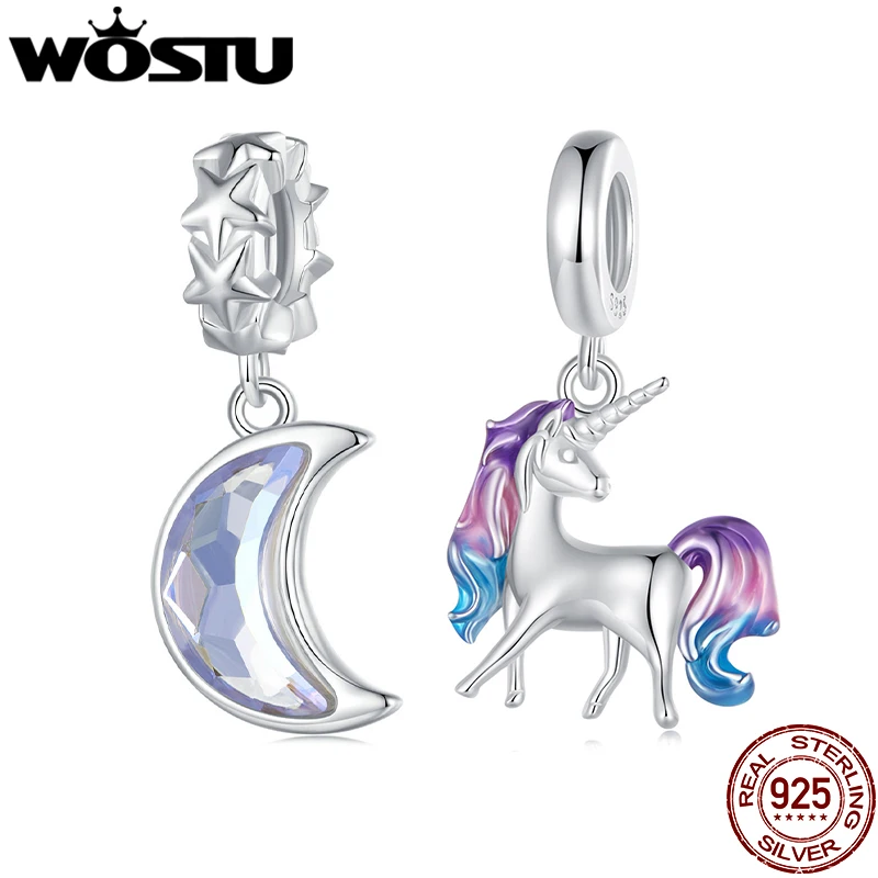 WOSTU-Unicórnio Arco-Íris Pingente, Real 925 Sterling Silver, Encantos Da Lua, Pérolas De Cristal Do Arco-Íris, Se Encaixa Original Pulseira, Colar DIY Presente