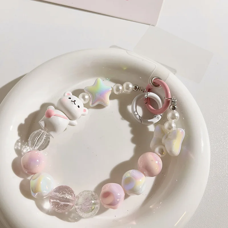 Cartoon Bear Love Beads Mobile Phone Chain Lanyard Cute Short Pendant Keychain Hanging Cord Straps Fashion Jewelry Accessories