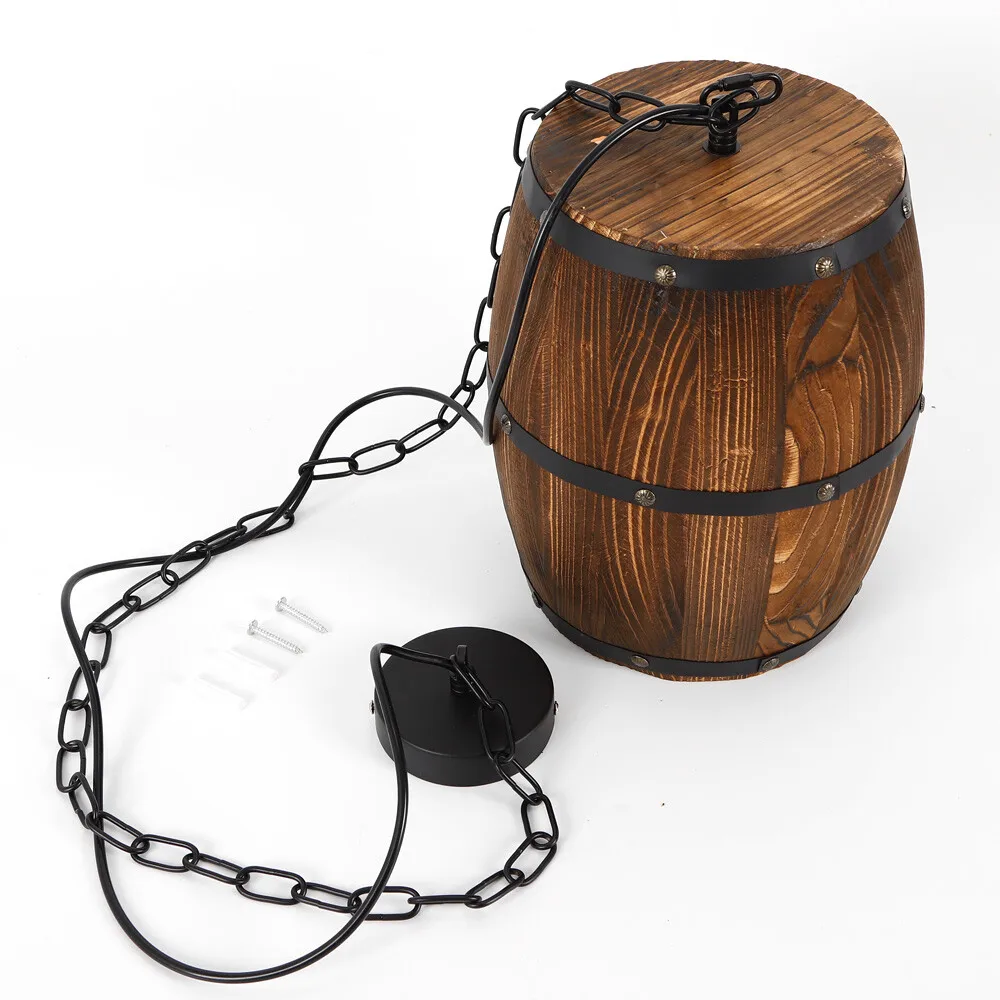 Rustic Wood Barrel Pendant Ceiling Light Fixture