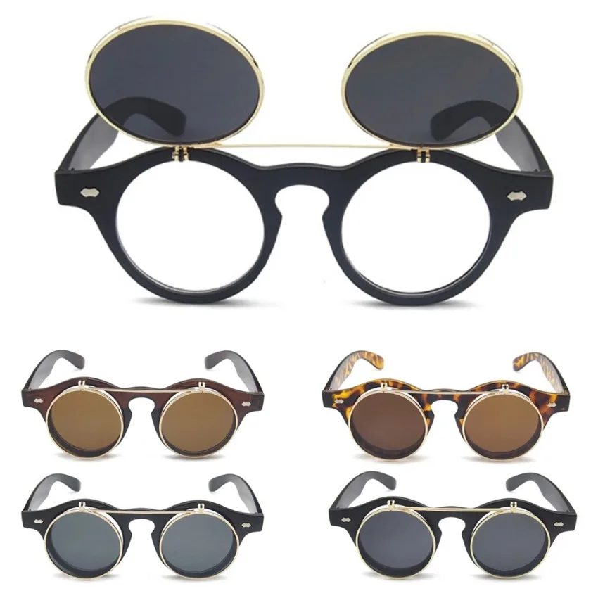 

FOENIXSONG Men's Round Sunglasses Steampunk Flip Up Lens Oculos Gafas De Sol Retro Women's Sun Glasses Gothic Steam Punk Eyewear