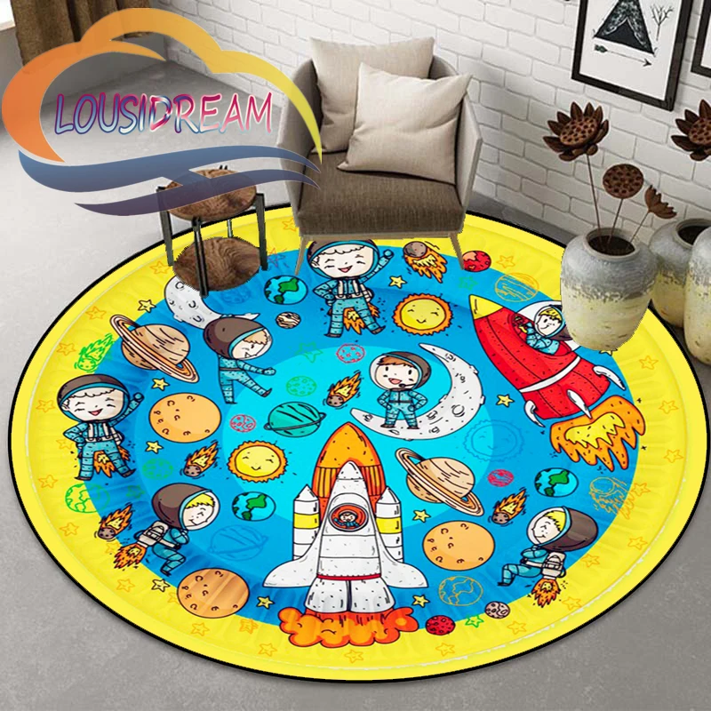 Espaço Universo Round Bedroom Floor Mat, Computer Chair Area Decoração Tapetes, Vector Ufo e muitos planetas na galáxia