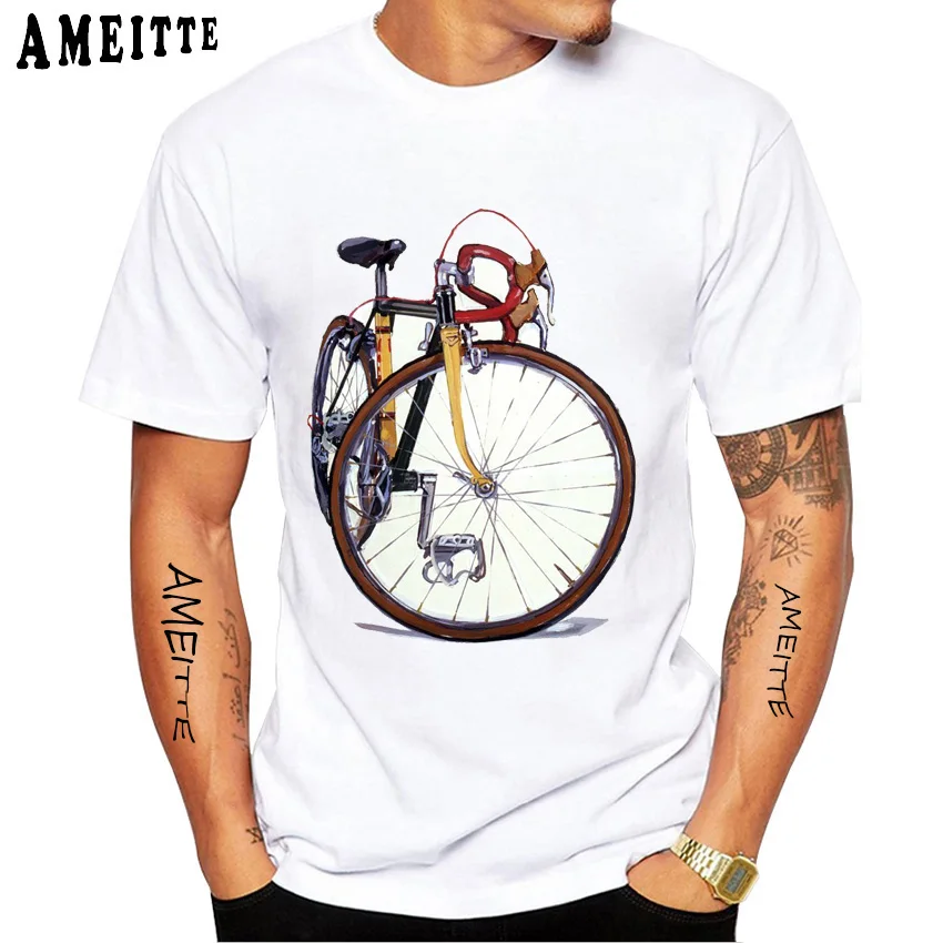 New Men's Short Sleeve Bicycle 3D Print Road Bike Sport White Casual Retro T-Shirt Summer