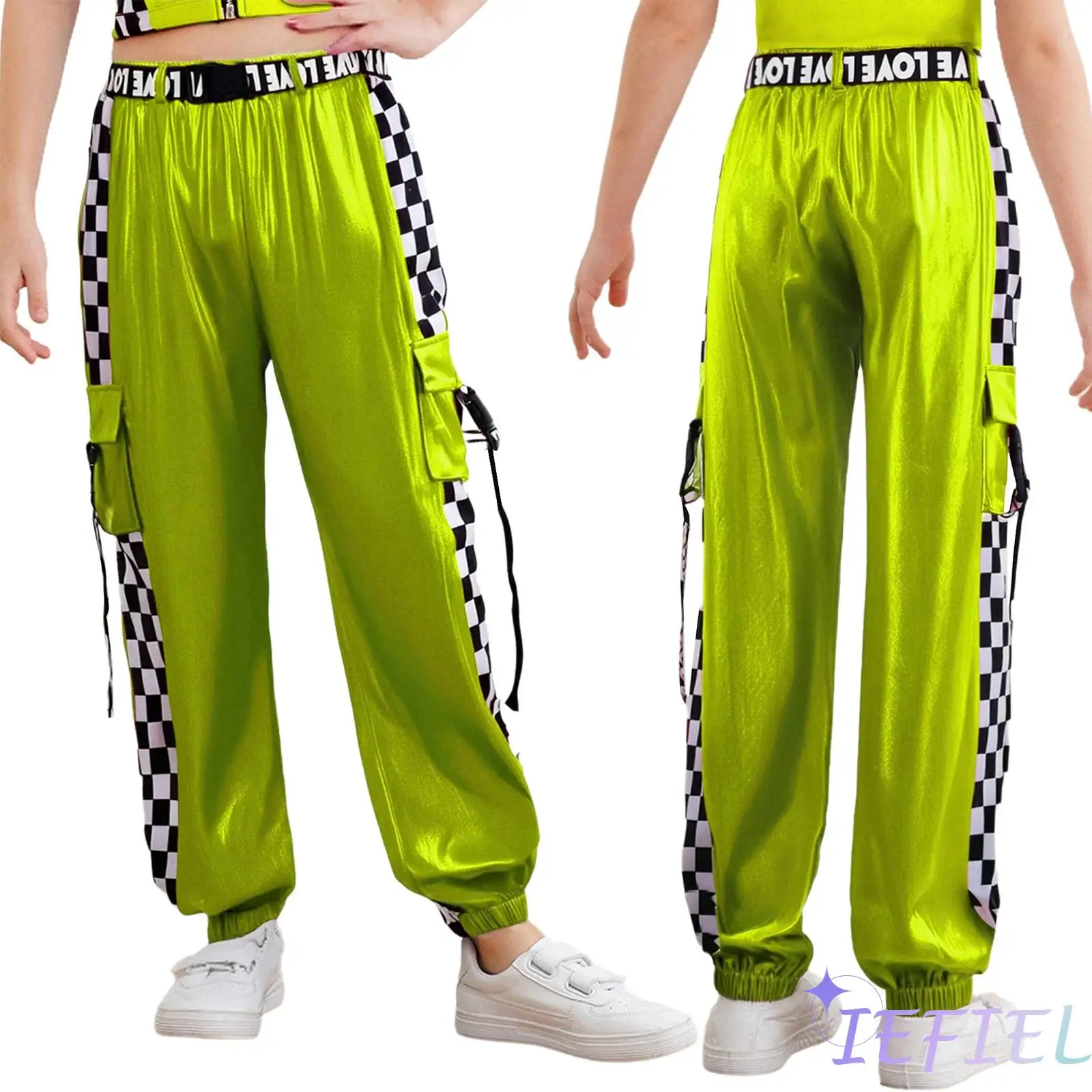 Traje de baile de Jazz para niñas, pantalones a cuadros con cintura elástica y acabado brillante y cinturón desmontable para clases de baile callejero de Hip Hop