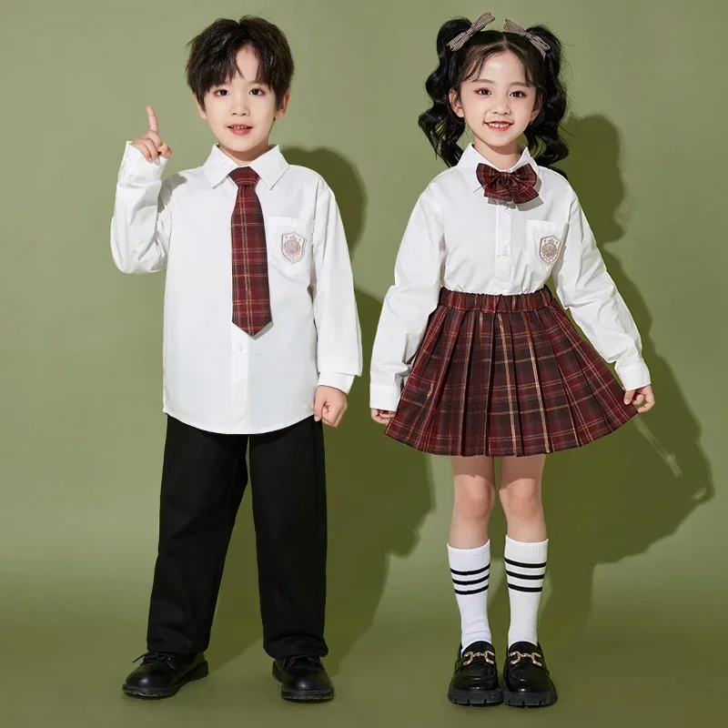 힙합 여아 격자 무늬 교복 셔츠, 타이 스커트, 소년 재즈 스트리트 댄스 바지, 어린이 재즈 의류 세트, 어린이 전시 의류