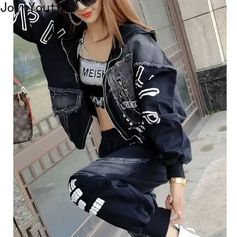 Women\'s 2 Piece Clothes Sets Fashion Jeans Denim Coat Clothes Oversized Hooded Jacket Pants Outfits Korean Women Two Piece Set