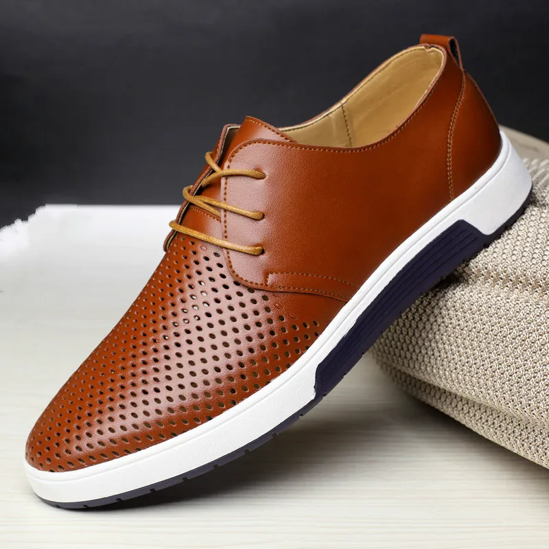 2024 New Men's Shoes Summer Hollow Breathable Casual Leather Shoes Men's Cross border Large Business Formal Office Fashion Trend