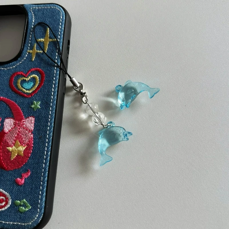 Portable Acrylic Keychain Charm Ornament Unique Blue Dolphin Cellphone Pendant Handmade Beaded Phone Lanyard Accessory Dropship