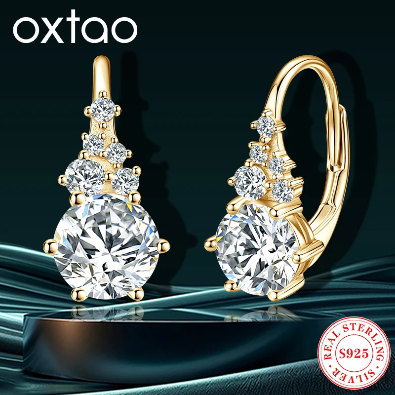 

OXTAO 100% серебро 925 D цвет муассанит Huggie обруч серьги-клипсы для женщин U-образные серьги роскошные свадебные ювелирные изделия подарок