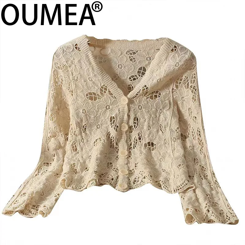 OUMEA Women Crochet Sweater Cardigans Knitting Floral V Neck Beach Cotton Cover Ups Boho Solid Color Long Sleeve Tops