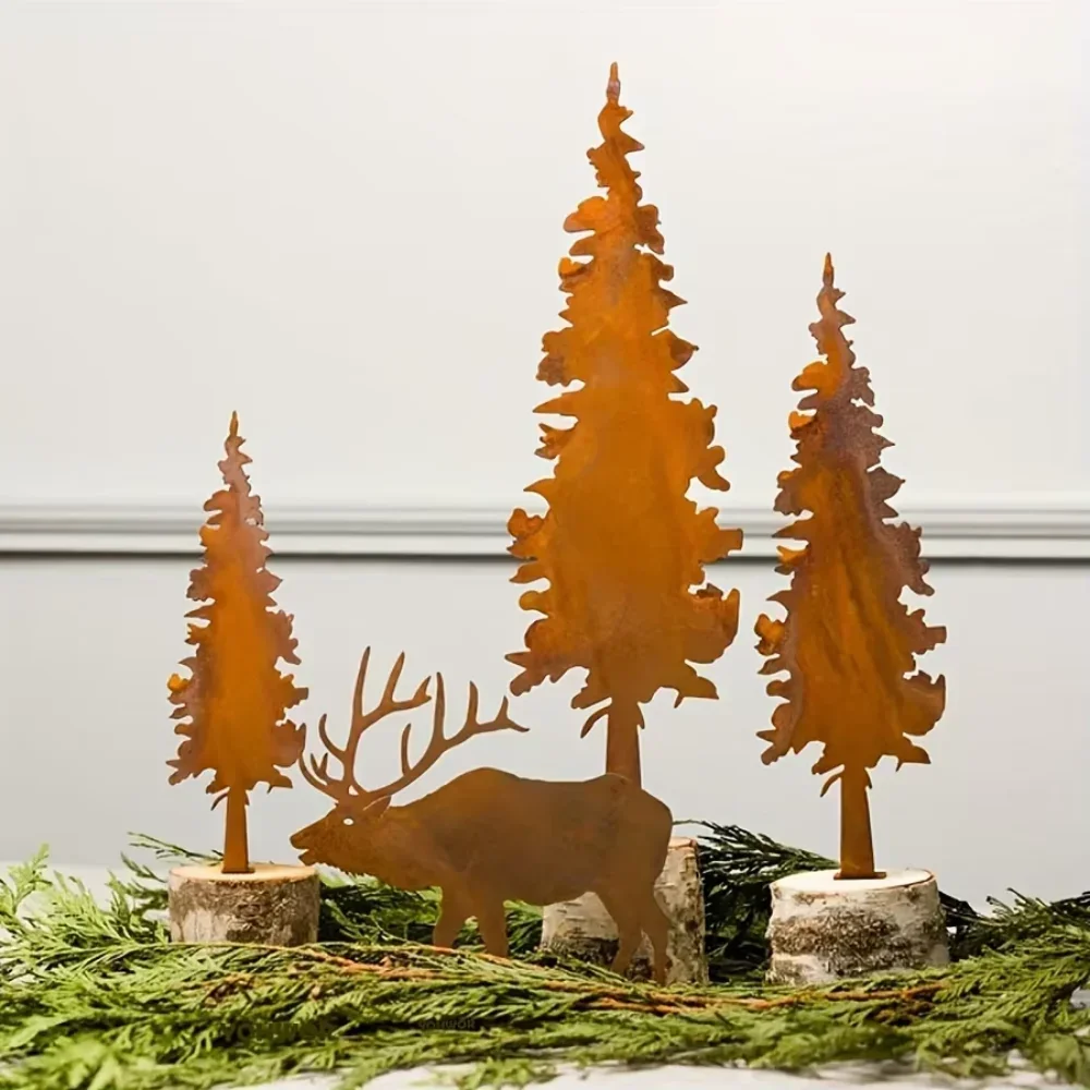 Rustic Metal Spruce Tree & Elk Ornaments: Ideal Hunting Decor & Gifts for Christmas and New Year's Holiday Celebrations