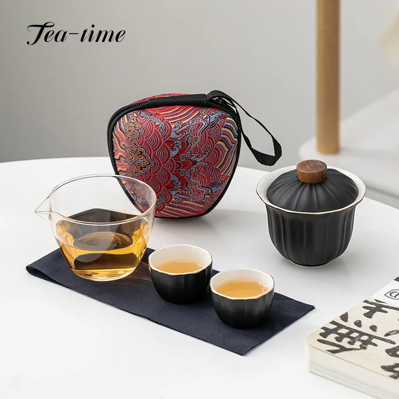 

Китайский чайный сервиз, 1 горшок, 2 чайных чашки, набор кувшина, крышка, миска, керамическая дорожная портативная чашка для улицы, фарфоровая пара инструментов