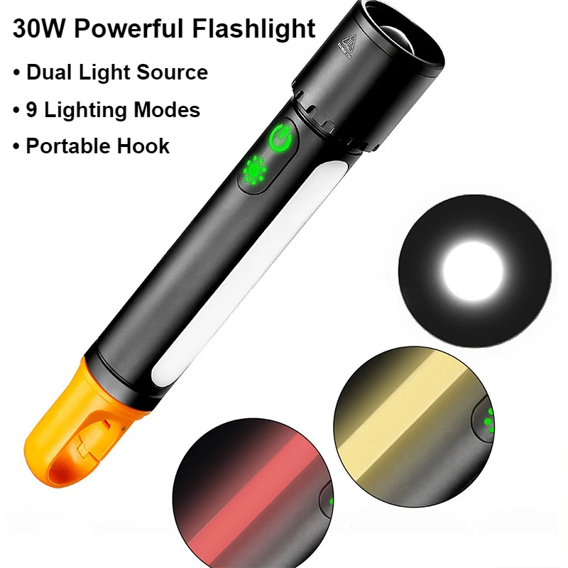 30W Powerful Flashlight 3500 mAh Rechargeable Outdoor Camping Light 9 Mode Waterproof Emergency Lamp Portable Fishing Work Torch