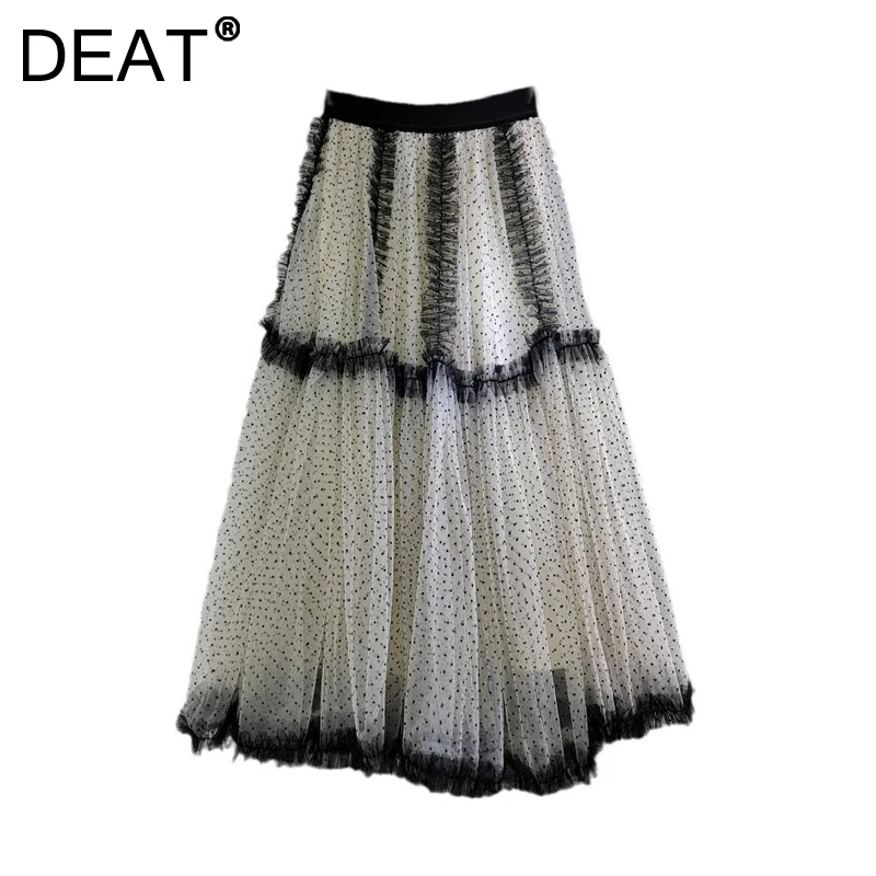 DEAT Women's Mesh Skirt Patchwork Polka Dot A-line Elastic High Waist Female Loose Causal Long Skirts 2025 New Fashion 29L9672