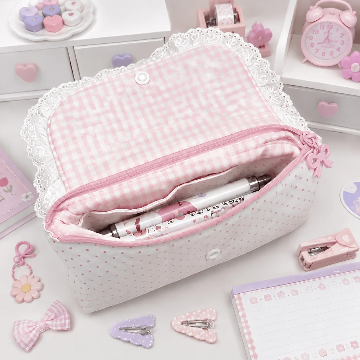 1PC Pink Checkered Lace Pencil Case, Compact Multifunctional Organizer Bag, Perfect for Storing Coins, Cards, Notes, and Pens