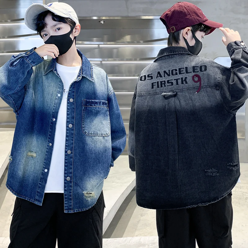 

Korean Loose Style Children's Vintage Gradient Blue Black Denim Jacket for Teenage Boy Cool Jeans Coat Spring Autumn Clothing