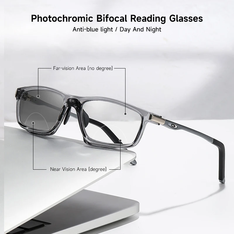 Anti-blue Light Photochromic Bifocal Reading Glasses Man Woman Multifunctional Reading Glasse Aluminum Magnesium Sports Eyewear