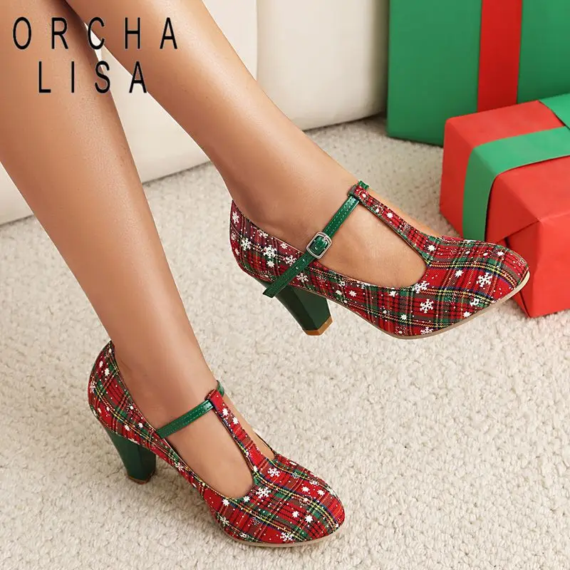 

ORCHA LISA Hot Women Pumps Round Toe 7.5cm Thick Heel Buckle Strap Sweet Party Shoes Large Size 41 42 43 Winter