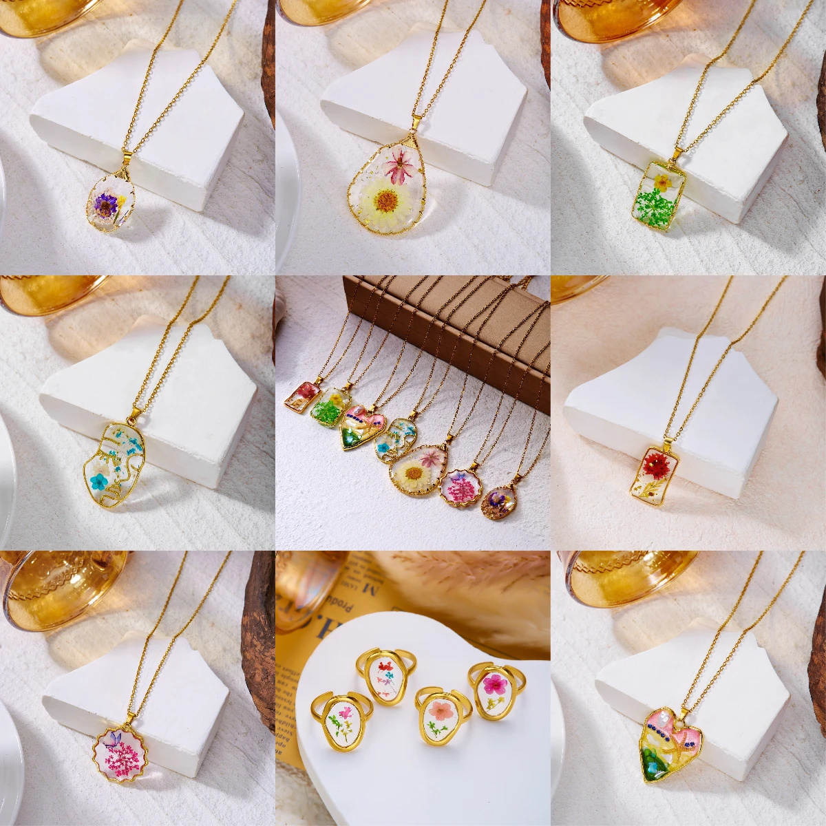 Cross border new fashionable and personalized flower retro necklace, creative geometric dried flower pendant necklace