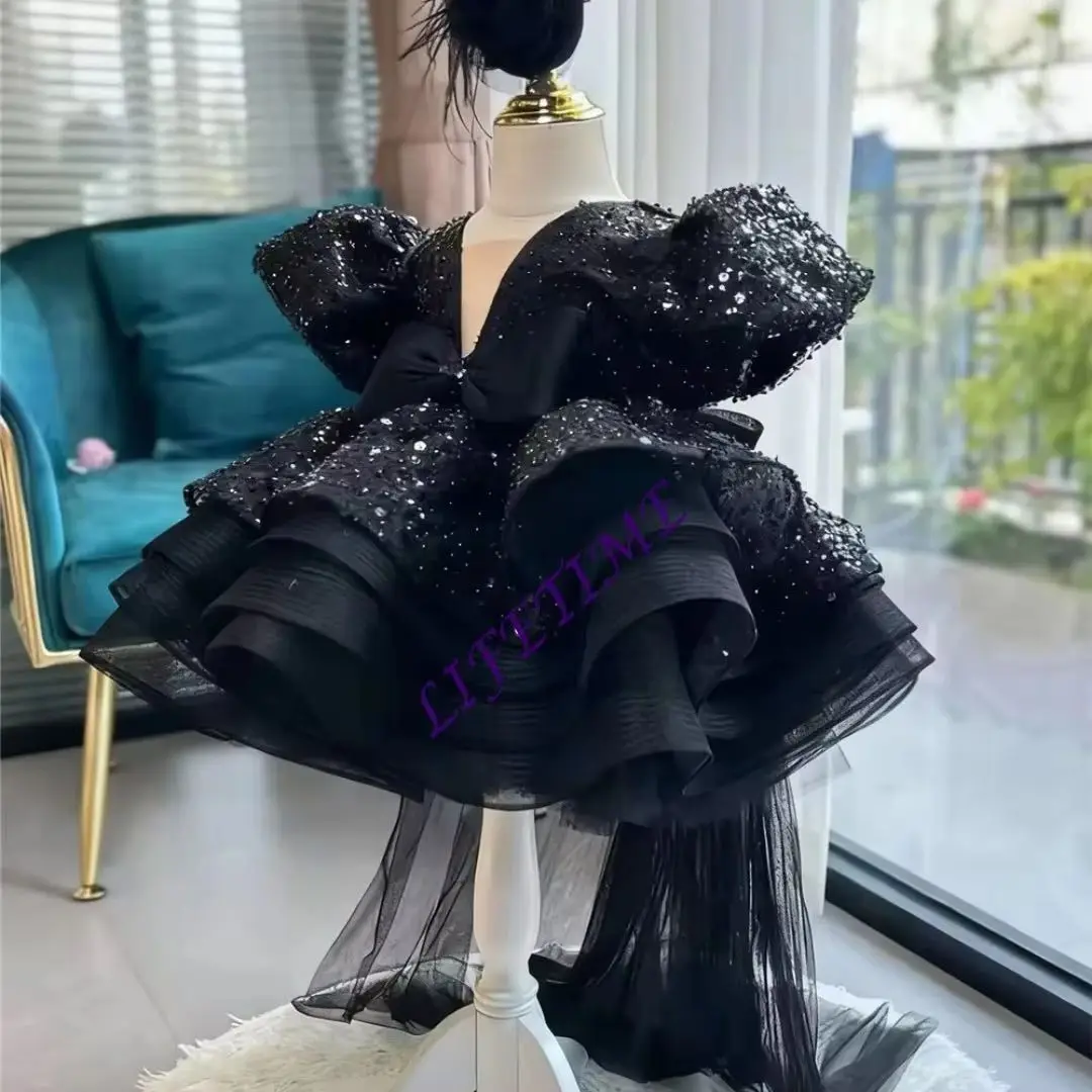 Customized Glitter Flower Girl Dress Sequined Bow Puffy Cute Baby Kids Birthday Princess First Communion Ball Gown Wedding