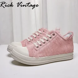 Rick Vintage Genuine Leather Pink Horse Fur 2023 New Thick Sole Increased Street Casual Sneakers Ankle Boots Men Sneakers