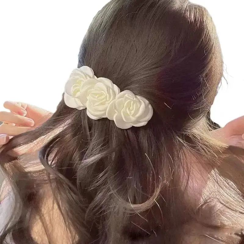 1 Stück weiße Rosenblüten-Haarspangen für Frauen, elegante Organza-Satin-Haarspangen, Braut-Haarschmuck für Hochzeit, Party – Detail 6
