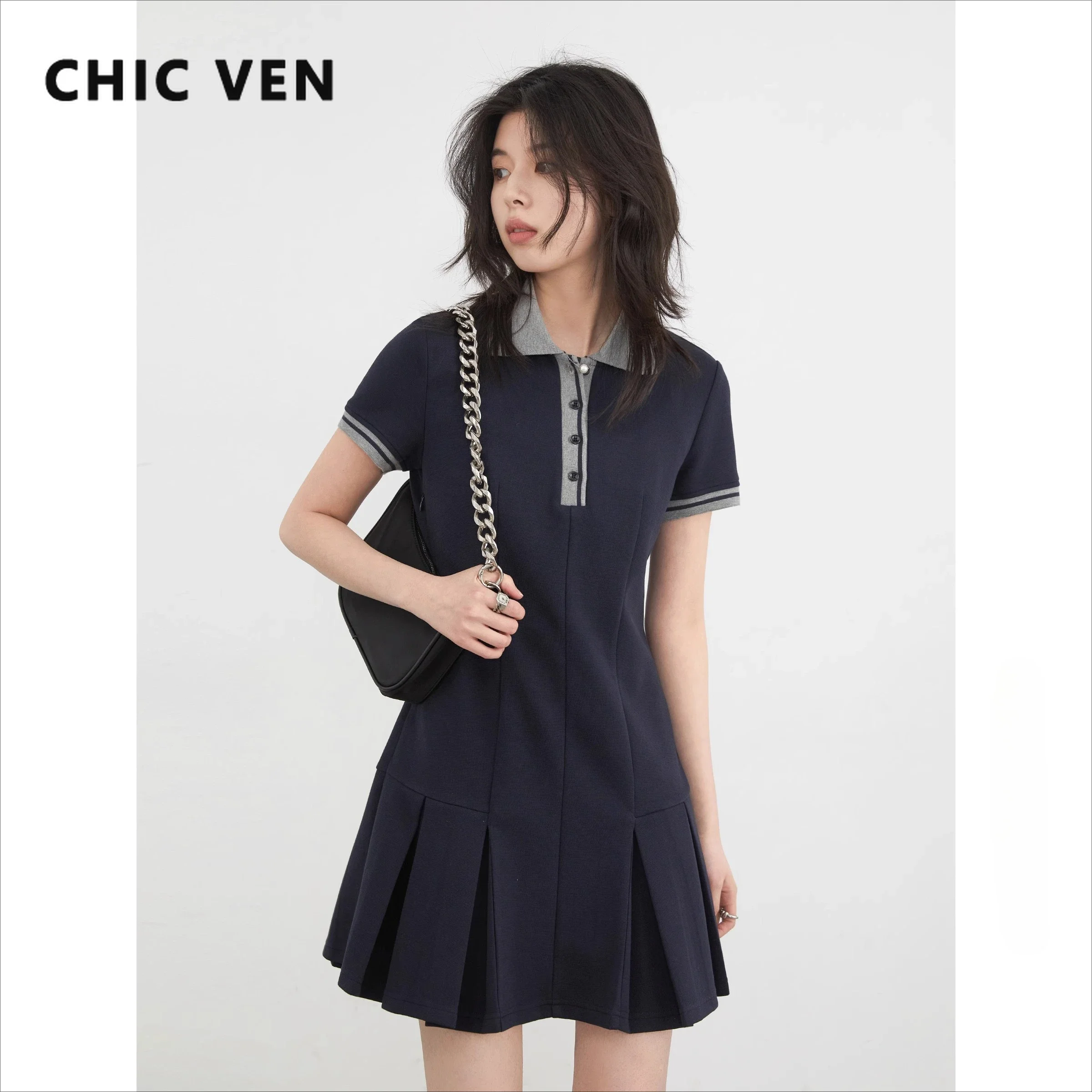 CHIC VEN Women Dresses A Line Loose Casual Contrast Polo Short Sleeved Girl Dress Pleats Female Sports Coat Spring Summer 2025