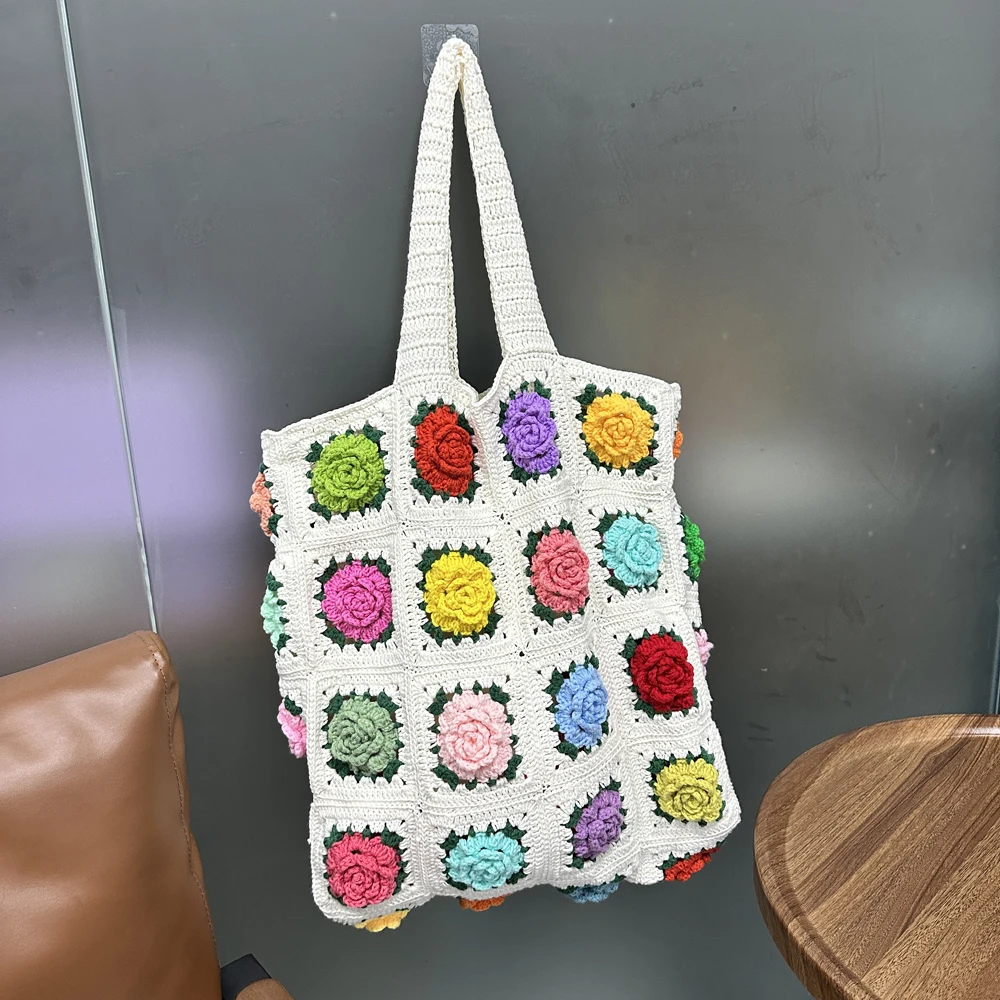 Imagem -03 - Original Praça Handmade Crochet Beach Bolsa 3d Rose Flores Grande Capacidade Bolsas de Compras Tote de Ombro Colorido Presente Clássico