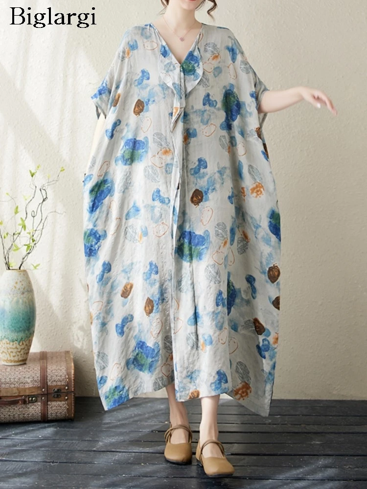 

Oversized Summer Floral Print Long Dress Women Ruffle Pleated Patchwork Fashion Ladies Dresses Loose Casual Woman V-Neck Dress