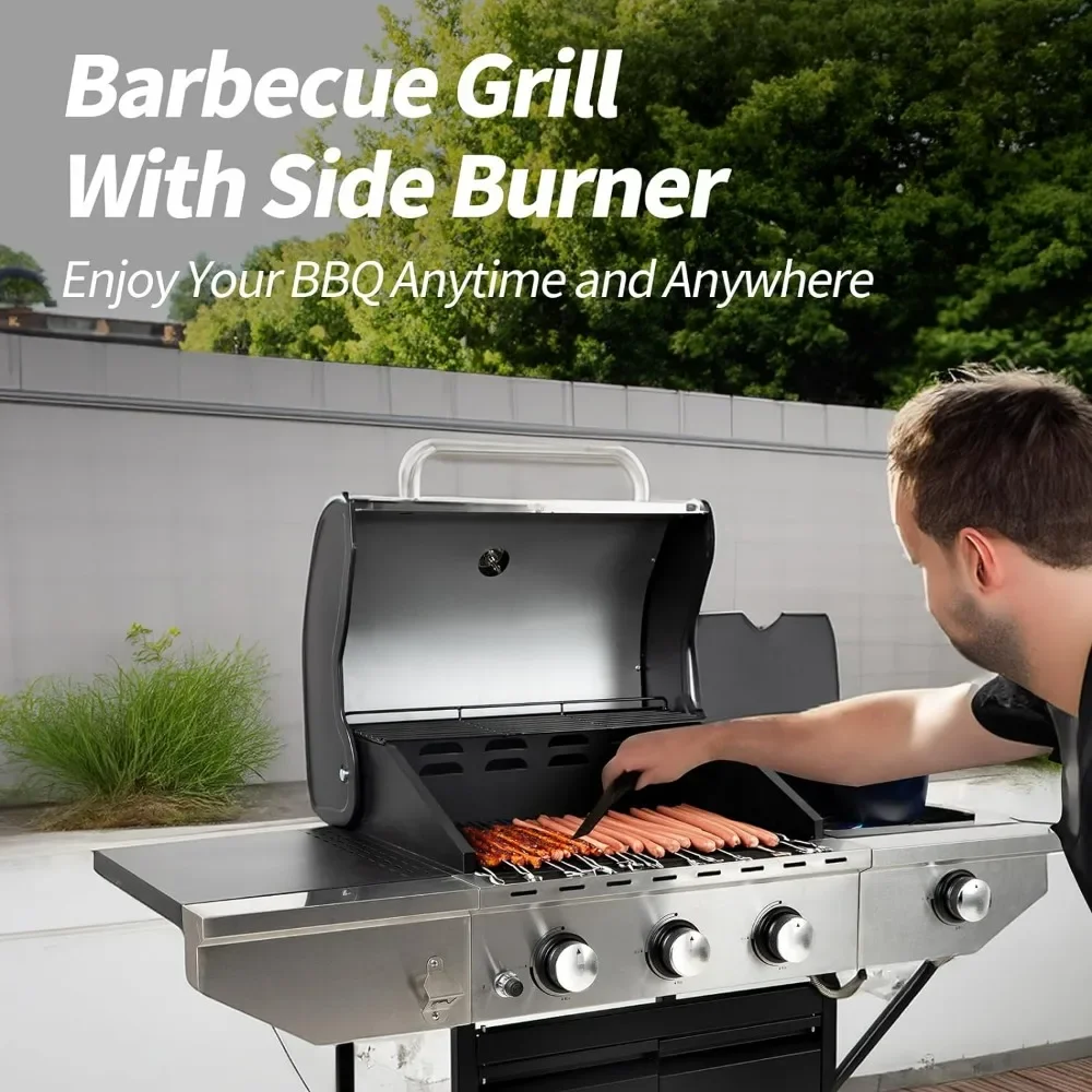 3-Burners Propane Gas Grill Outdoor with Side Burner & Thermometer, Stainless Steel Propane Grill for Outdoor BBQ Grills